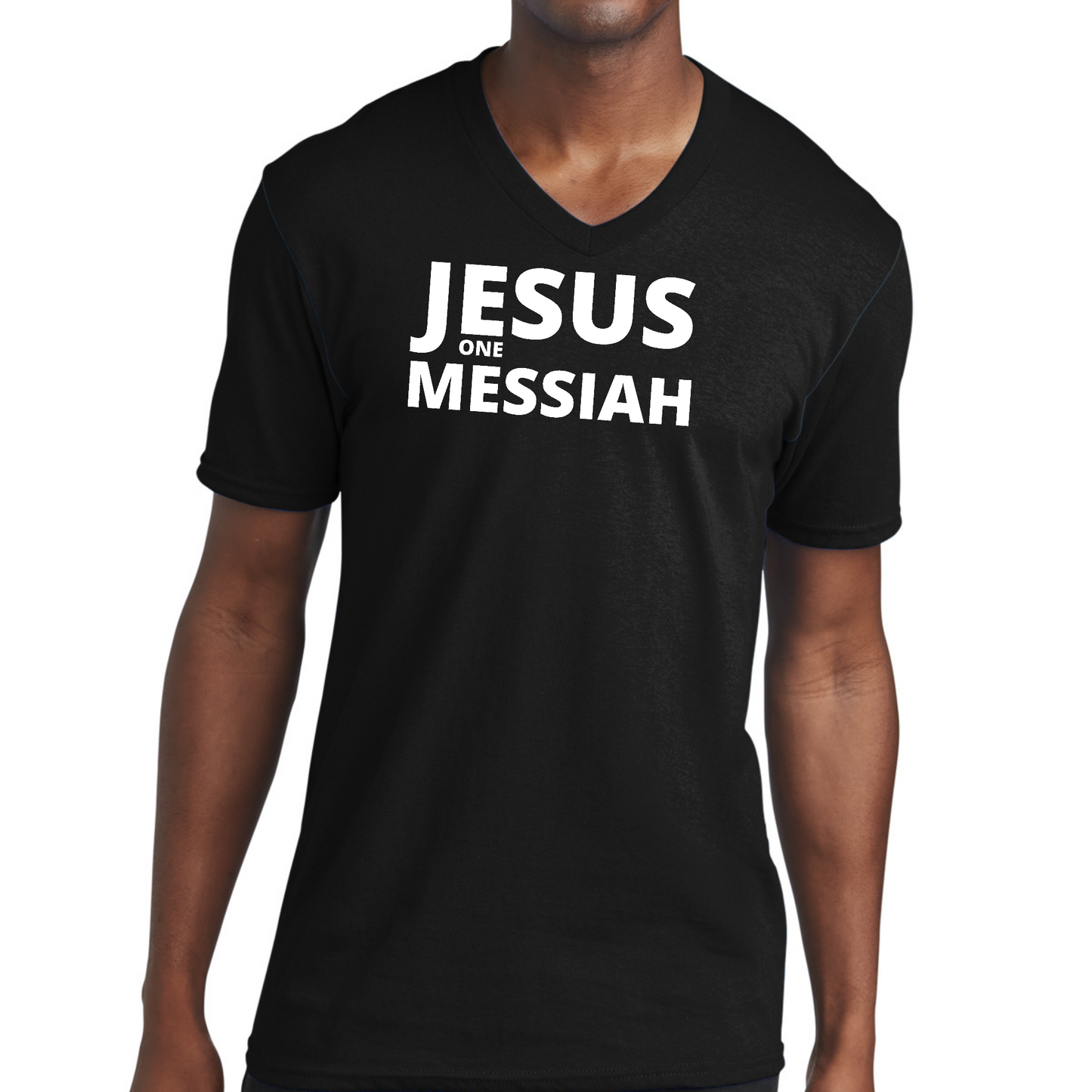 Mens Graphic V-neck T-shirt, Jesus one Messiah