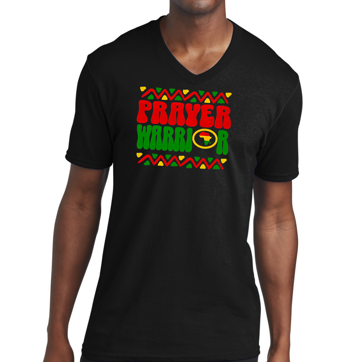 Mens Graphic V-neck T-shirt, Prayer Warrior African Inspiration
