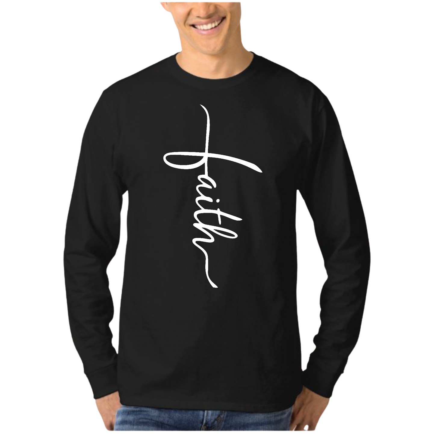 Mens Long Sleeve Graphic T-shirt, Faith Script Cross Illustration