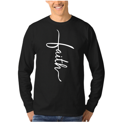 Mens Long Sleeve Graphic T-shirt, Faith Script Cross Illustration