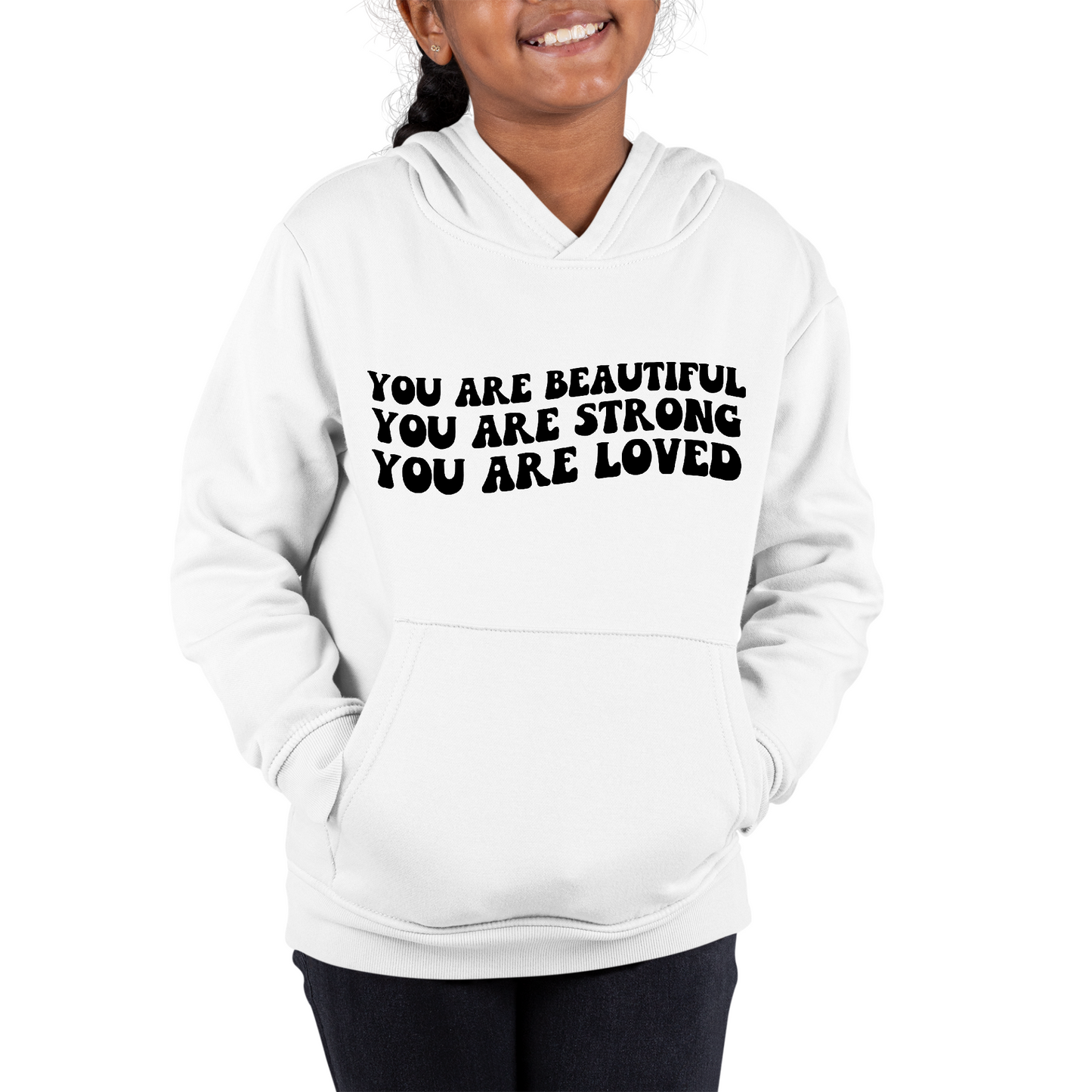Youth Long Sleeve Hoodie you are Beautiful Strong Black Illustration