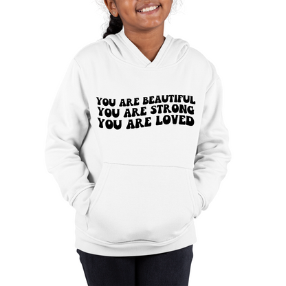 Youth Long Sleeve Hoodie you are Beautiful Strong Black Illustration