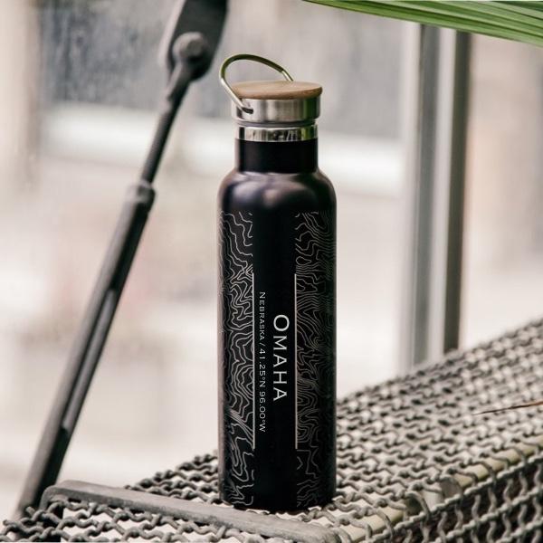 Omaha - Nebraska Map Bottle with Bamboo Top in Matte Black