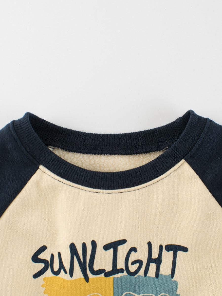 Autumn Baby Kids Boys Cartoon Print Color Patchwork Long Sleeves Crew