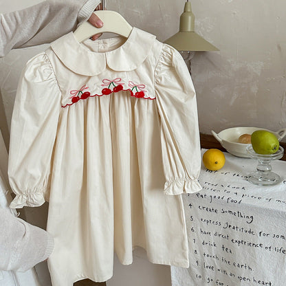 Arrival Autumn Girls Cherry Embroidery Long Sleeves Peter Pan Collar