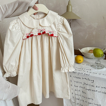 Arrival Autumn Girls Cherry Embroidery Long Sleeves Peter Pan Collar