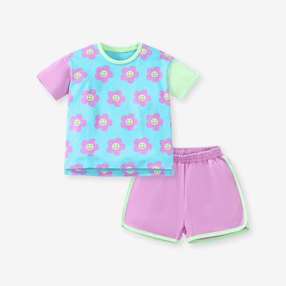 Baby And Kids Girls Floral Cartoon Top And Shorts Casual Home Clothing