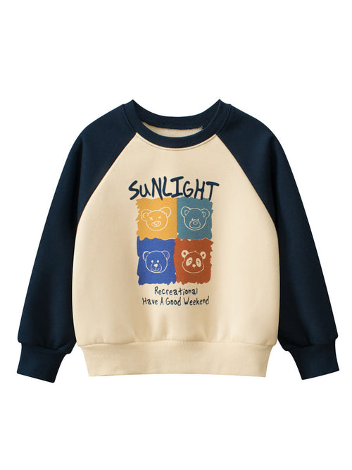 Autumn Baby Kids Boys Cartoon Print Color Patchwork Long Sleeves Crew