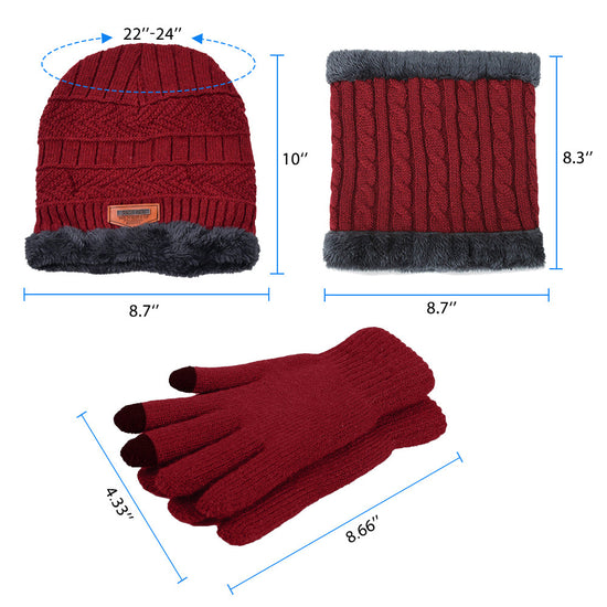 3 Pcs Men's Hat Scarf Gloves Set Warm Beanie Fleece Lining Scarf