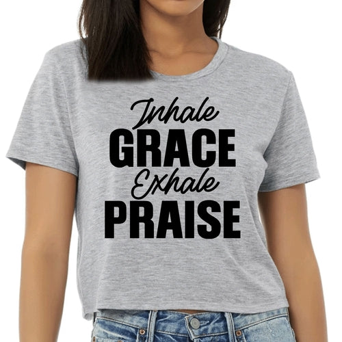 Womens Cropped Graphic T-shirt, Inhale Grace Exhale Praise Black