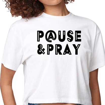 Womens Cropped Graphic T-shirt, Pause and Pray Black Illustration