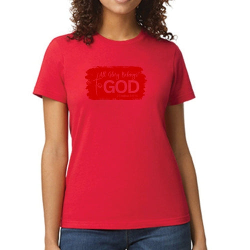 Womens Graphic T-shirt, All Glory Belongs to God, Red
