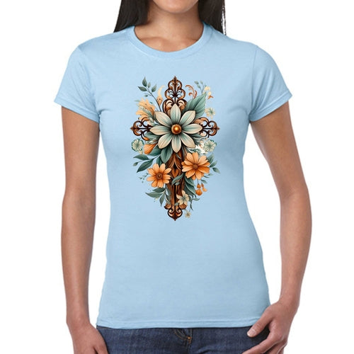 Womens Graphic T-shirt, Christian Cross Floral Bouquet Green and Brown