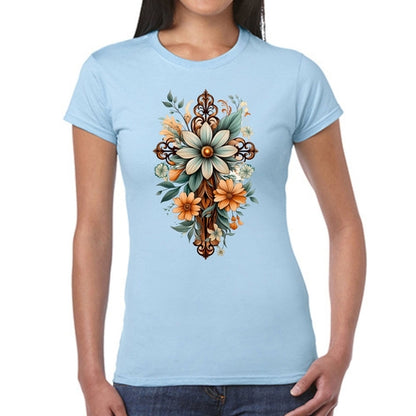 Womens Graphic T-shirt, Christian Cross Floral Bouquet Green and Brown