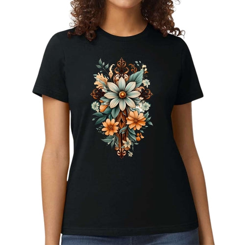 Womens Graphic T-shirt, Christian Cross Floral Bouquet Green and Brown
