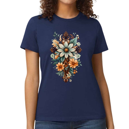 Womens Graphic T-shirt, Christian Cross Floral Bouquet Green and Brown