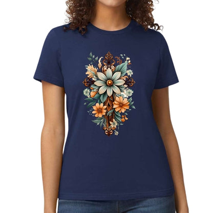 Womens Graphic T-shirt, Christian Cross Floral Bouquet Green and Brown