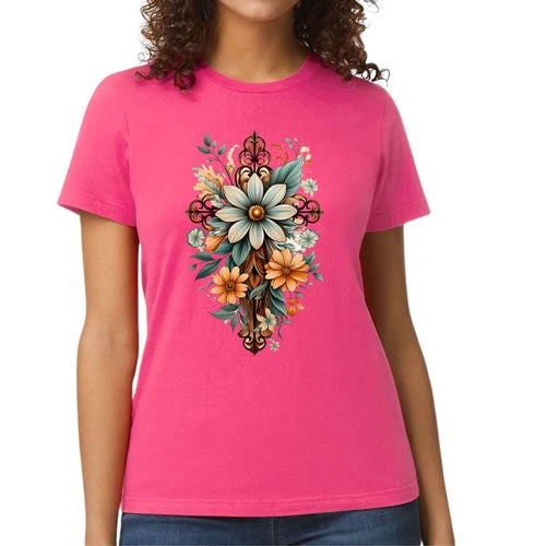 Womens Graphic T-shirt, Christian Cross Floral Bouquet Green and Brown