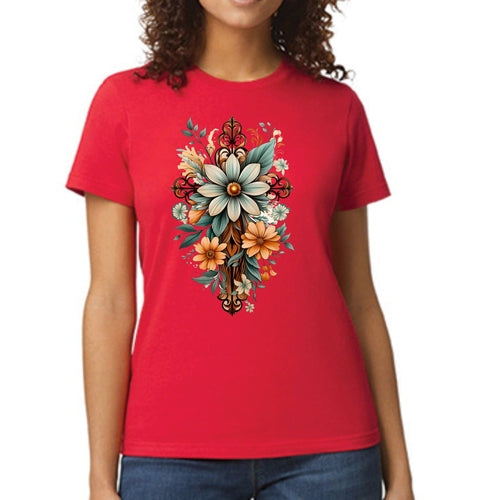 Womens Graphic T-shirt, Christian Cross Floral Bouquet Green and Brown