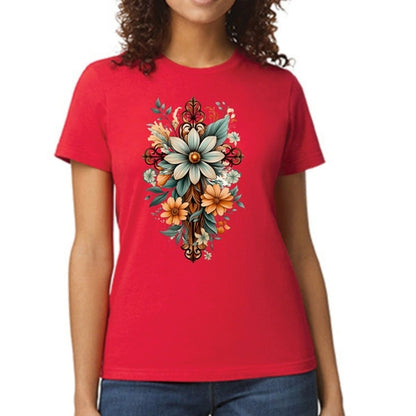 Womens Graphic T-shirt, Christian Cross Floral Bouquet Green and Brown