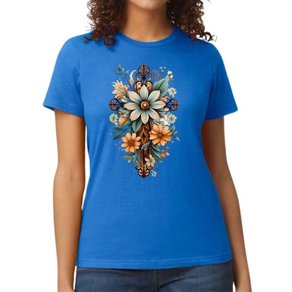 Womens Graphic T-shirt, Christian Cross Floral Bouquet Green and Brown