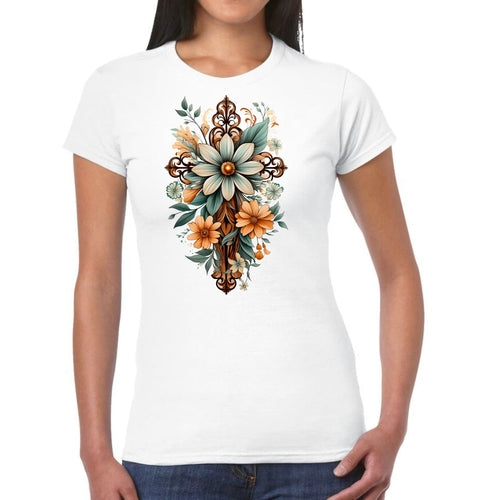 Womens Graphic T-shirt, Christian Cross Floral Bouquet Green and Brown