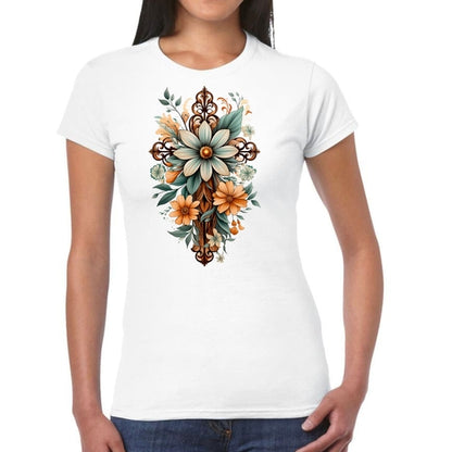 Womens Graphic T-shirt, Christian Cross Floral Bouquet Green and Brown
