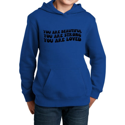 Youth Long Sleeve Hoodie you are Beautiful Strong Black Illustration
