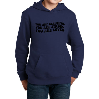 Youth Long Sleeve Hoodie you are Beautiful Strong Black Illustration