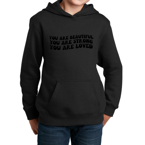 Youth Long Sleeve Hoodie you are Beautiful Strong Black Illustration