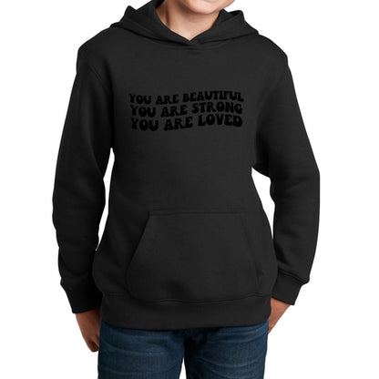 Youth Long Sleeve Hoodie you are Beautiful Strong Black Illustration