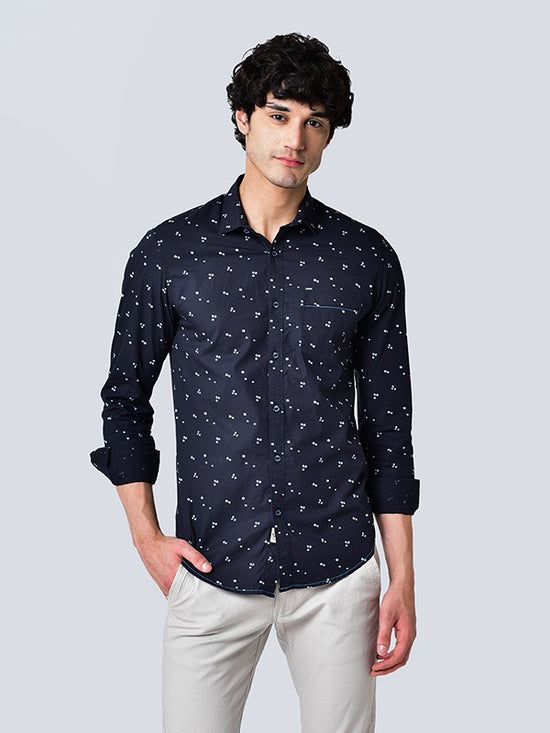 NAVY PRINTED SLIM FIT SHIRT