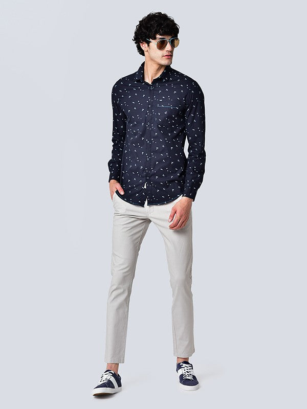 NAVY PRINTED SLIM FIT SHIRT