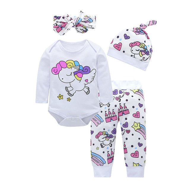 Newborn Infant Baby Girl Clothes Sets Unicorn Pegasus Star Castle Tops+Pants+Hat+Headband 4PCS Infant Baby Girl Clothing Outfits