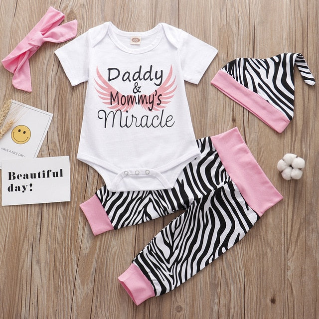 Newborn Infant Baby Girl Clothes Sets Unicorn Pegasus Star Castle Tops+Pants+Hat+Headband 4PCS Infant Baby Girl Clothing Outfits