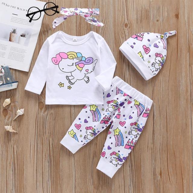 Newborn Infant Baby Girl Clothes Sets Unicorn Pegasus Star Castle Tops+Pants+Hat+Headband 4PCS Infant Baby Girl Clothing Outfits